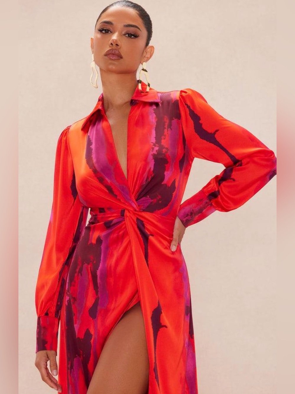 Fashion Nova Red and Magenta Twist-Front Maxi Dress
